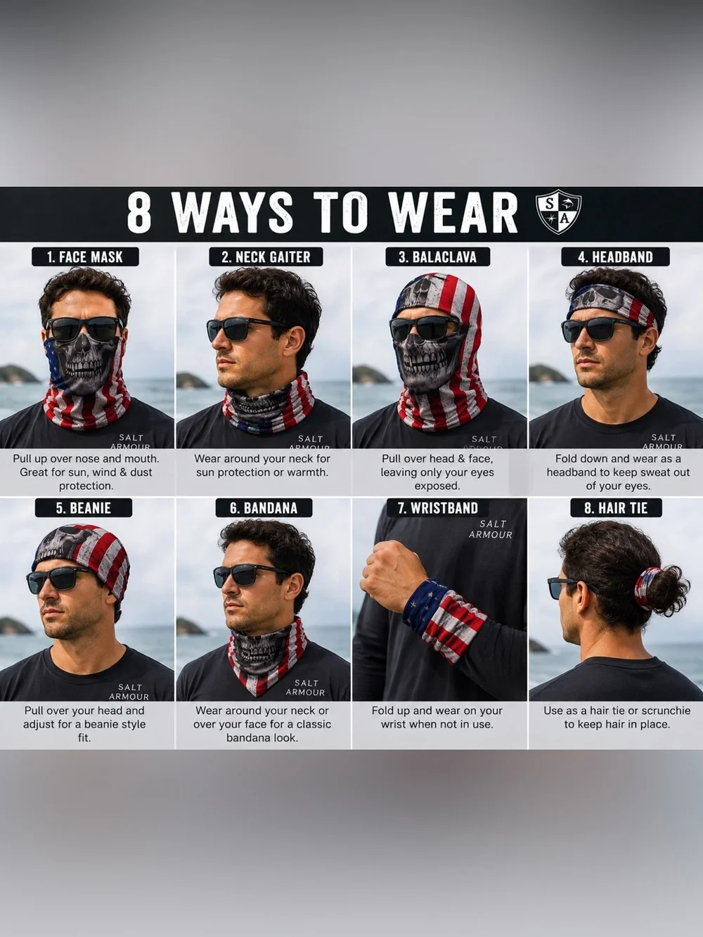 Salt Armour Skull American Flag Neck Gaiter Face Mask Fishing UV Sun Shield